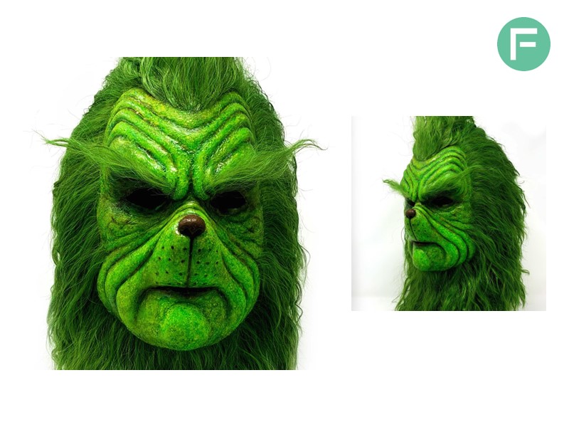 Maschera del Grinch realizzata da Sbombisfx con i siliconi al platino Ecoflex 00-30 e Dragon Skin FX-Pro. Colorati successivamente con Psycho Paint, Novocs e Silc Pig